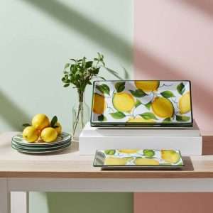 rectangular ceramic trays with lemon and leaf decor on a white background