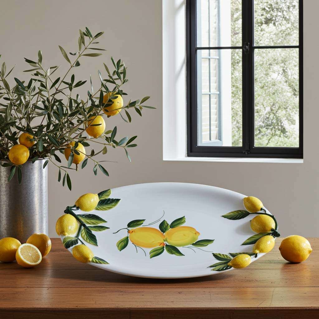 Large tray with embossed lemon and leaf design on a white background