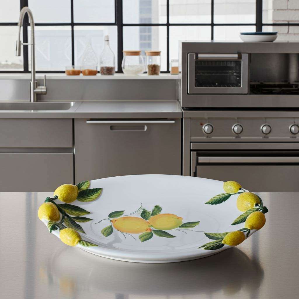 Large tray with embossed lemon and leaf design on a white background