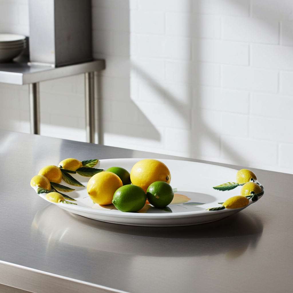 Details of a large tray with embossed lemon and leaf design on a white background