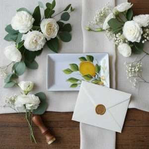 Storage Trays with Lemon and Leaf Decor on White Background