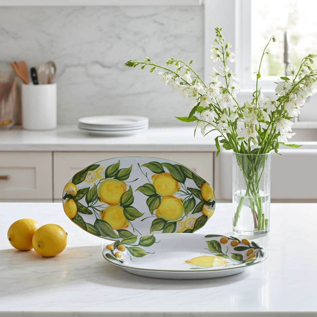 Set of designer trays with lemon and leaf decoration on a white background