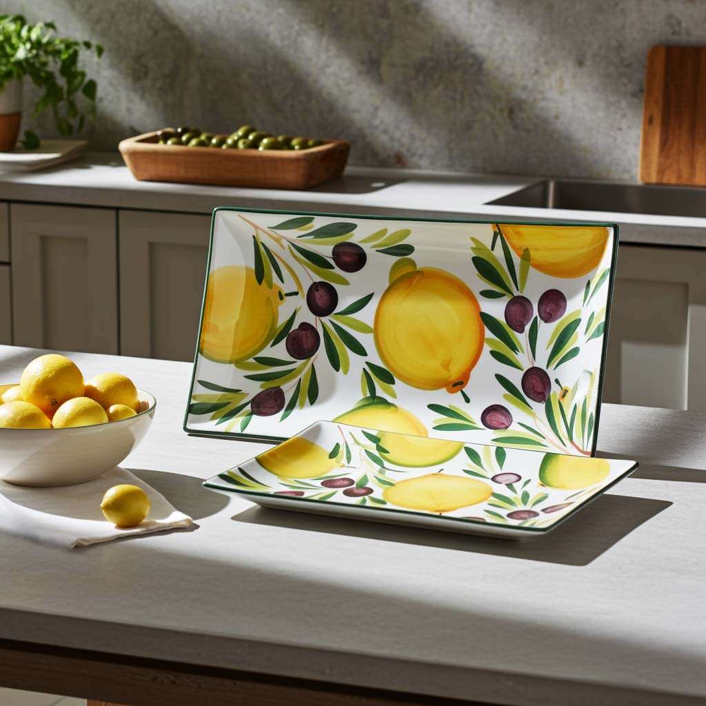 details of kitchen trays with lemon and olive decor on white background