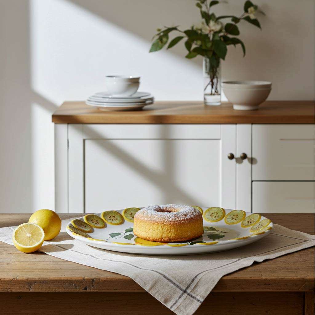 Dessert tray decorated with lemons and leaves on a white background