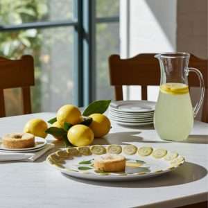 vassoio per dolci decorato con limoni e foglie su sfondo bianco