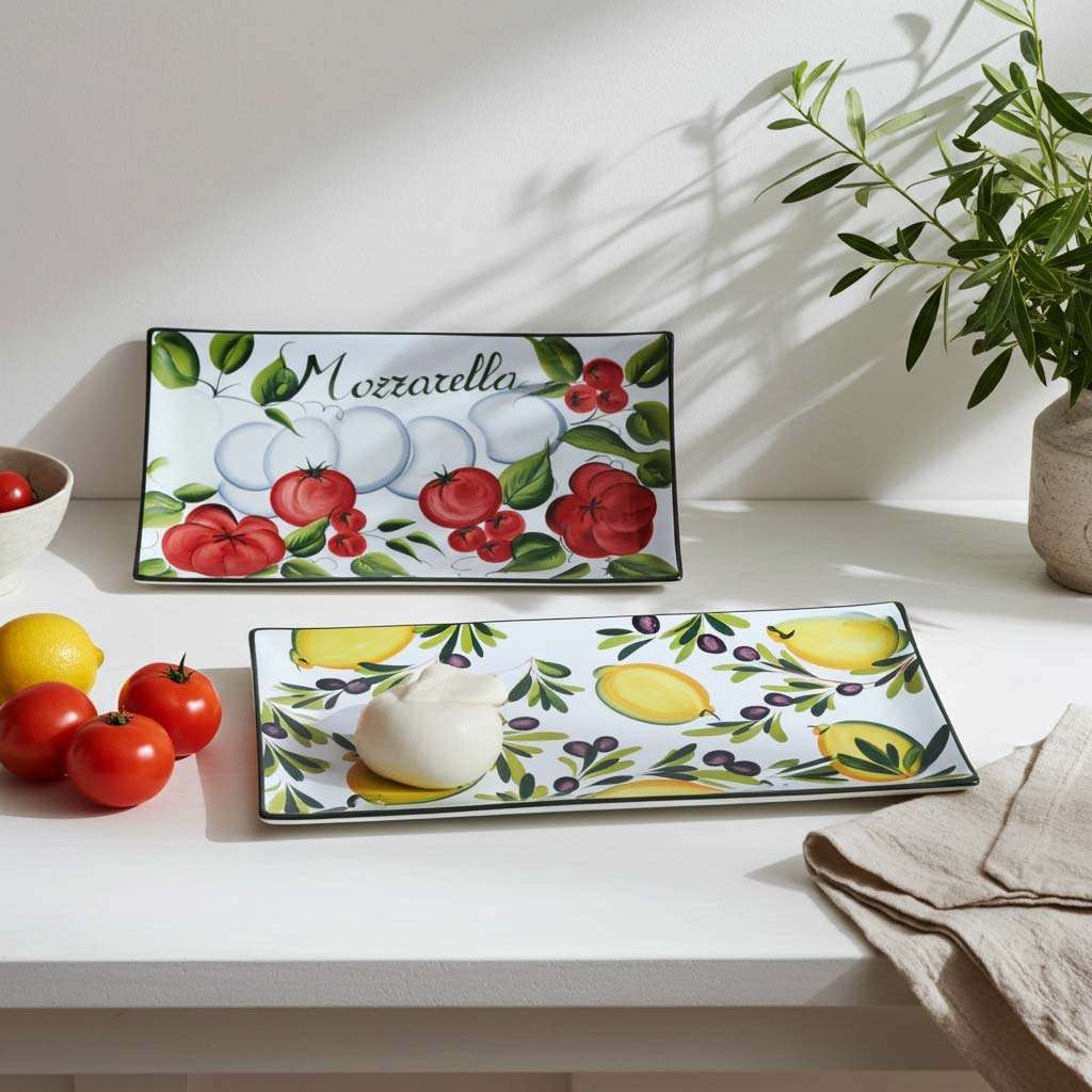 White ceramic tray with lemon-olive and tomato-mozzarella decorations on a white background.