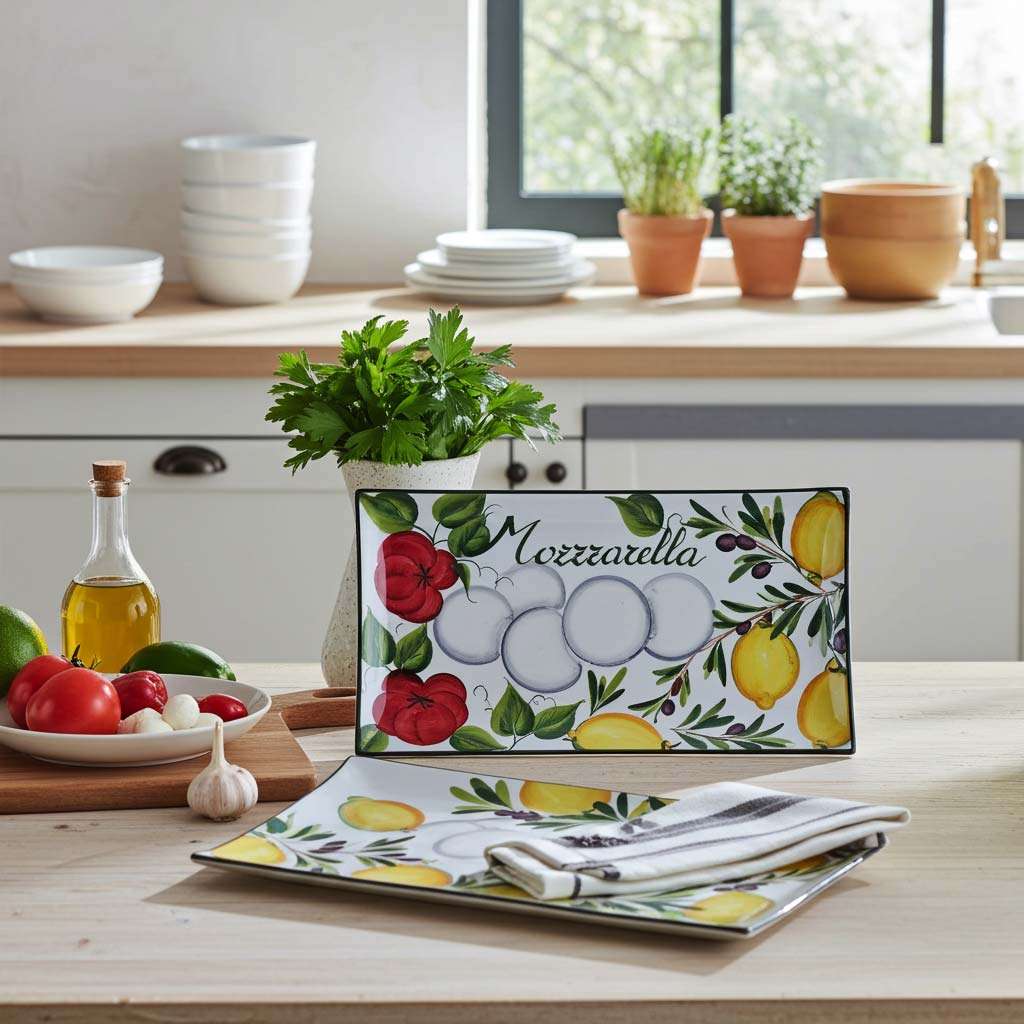 White ceramic tray in white with lemon-olive and tomato-mozzarella decorations on a white background.