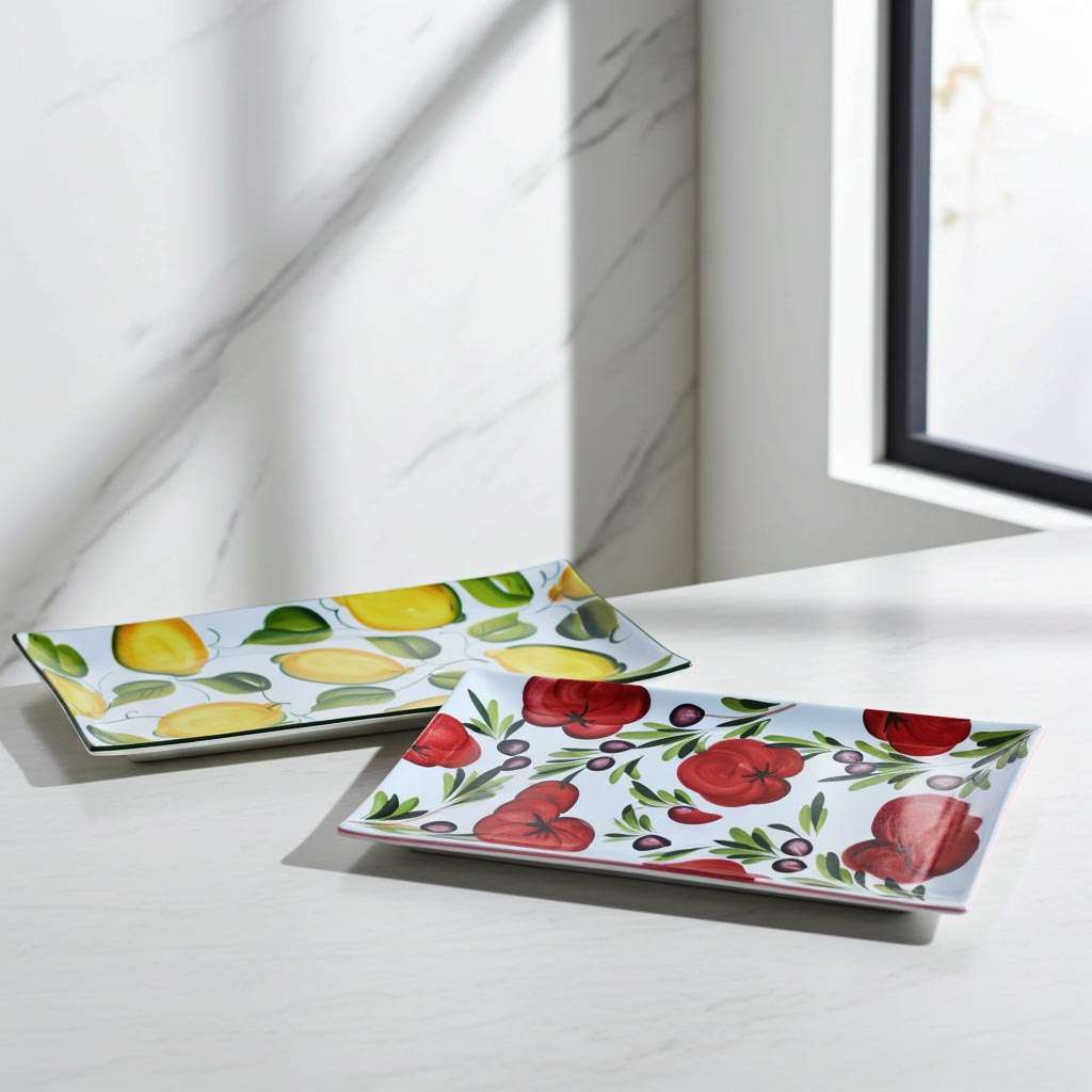 Handcrafted ceramic trays with Mediterranean decorations: one with lemons and green leaves, the other with red tomatoes and olives, on a white background. Arranged on a light surface in a minimalist setting with natural light coming from a side window.