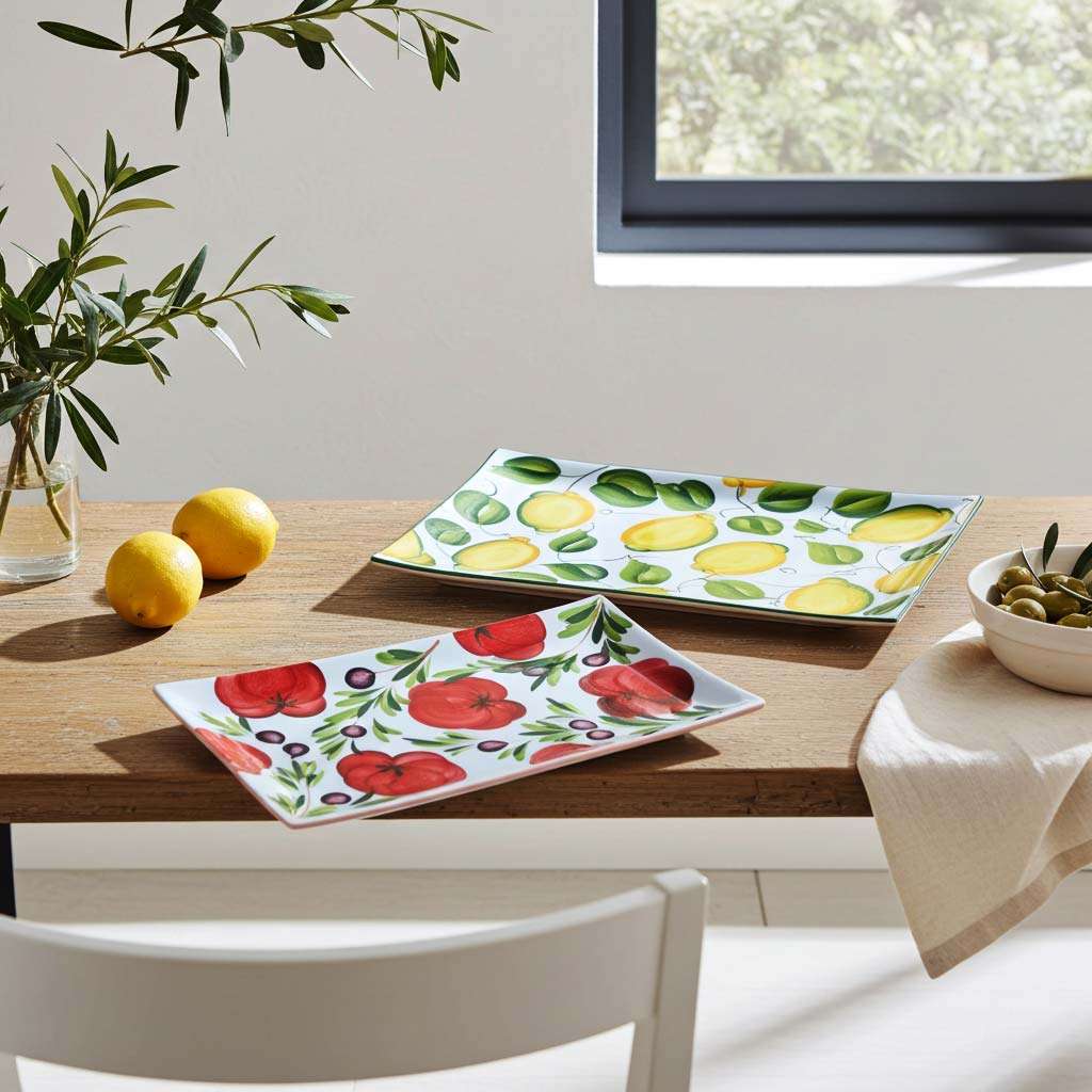 Set di vassoietti in ceramica artigianale decorati: uno con limoni e foglie verdi, l’altro con pomodori rossi e olive su sfondo bianco. Disposti su un tavolo in legno in un ambiente luminoso e minimalista, con luce naturale da finestra, accompagnati da limoni freschi, una pianta di ulivo e una ciotola di olive.