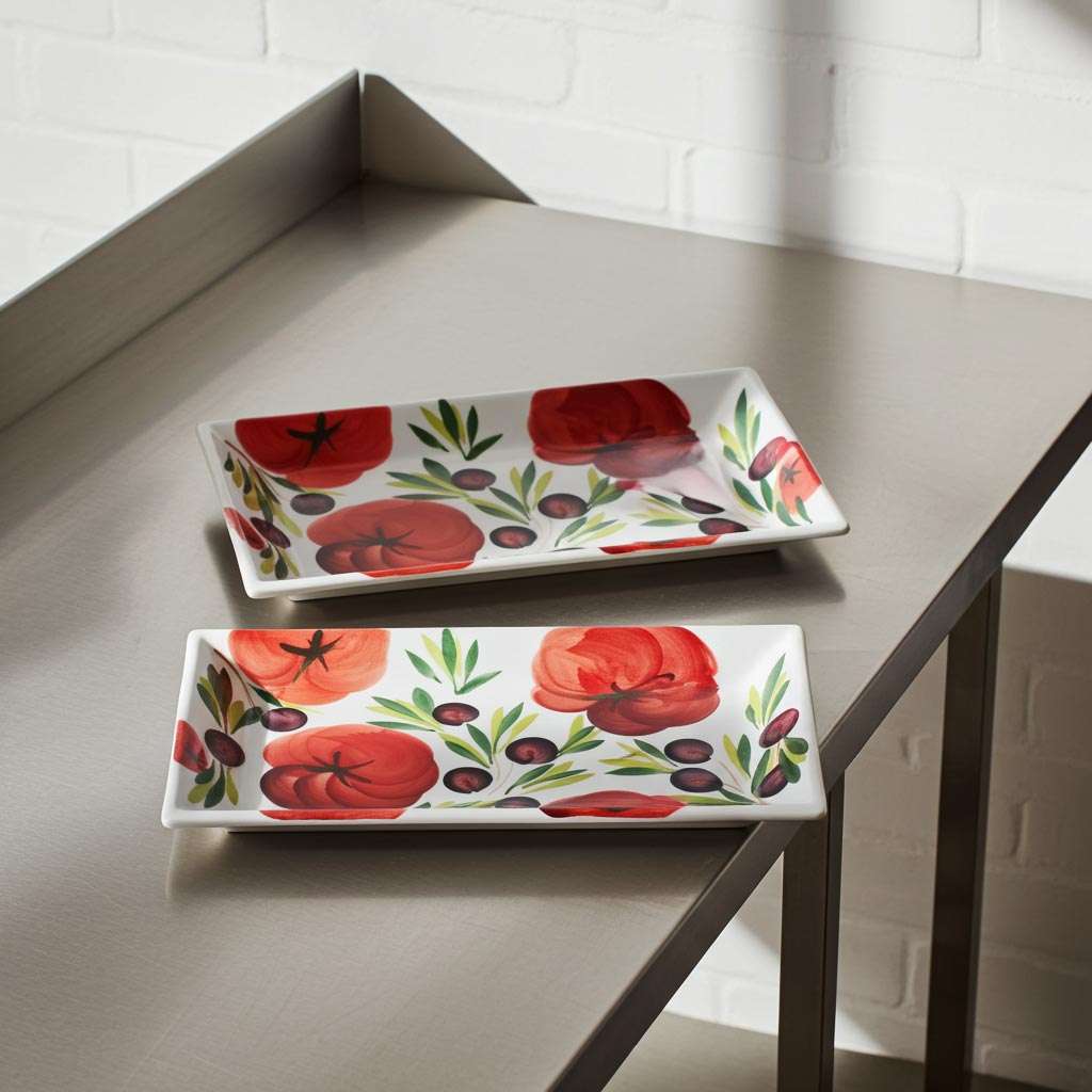 Rectangular Trays with Tomato and Olive Design on a White Background
