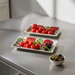 Rectangular Trays with Tomato and Olive Design on a White Background