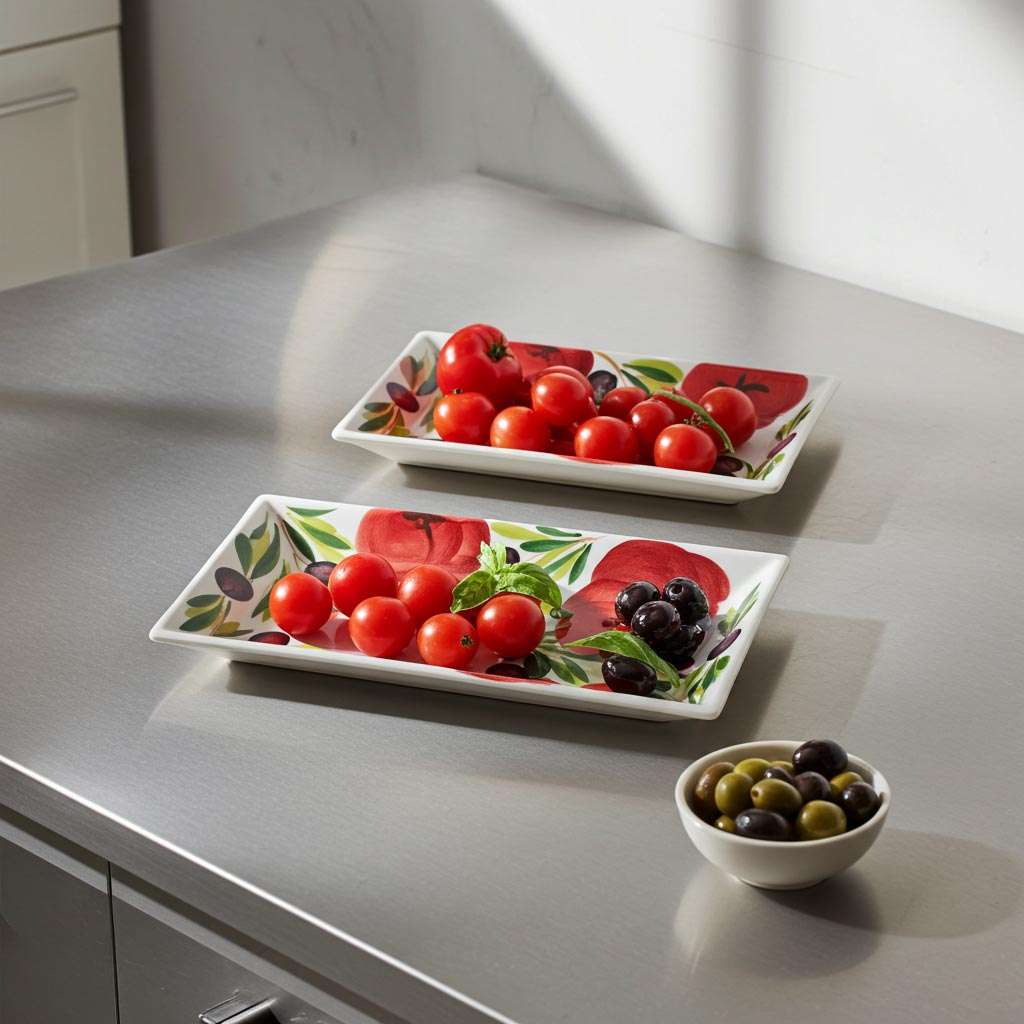 Rectangular Trays with Tomato and Olive Design on a White Background