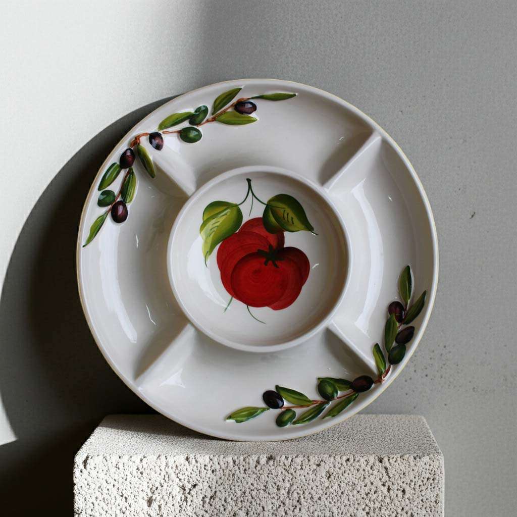 handcrafted appetizer tray with tomato and olive design on a white background