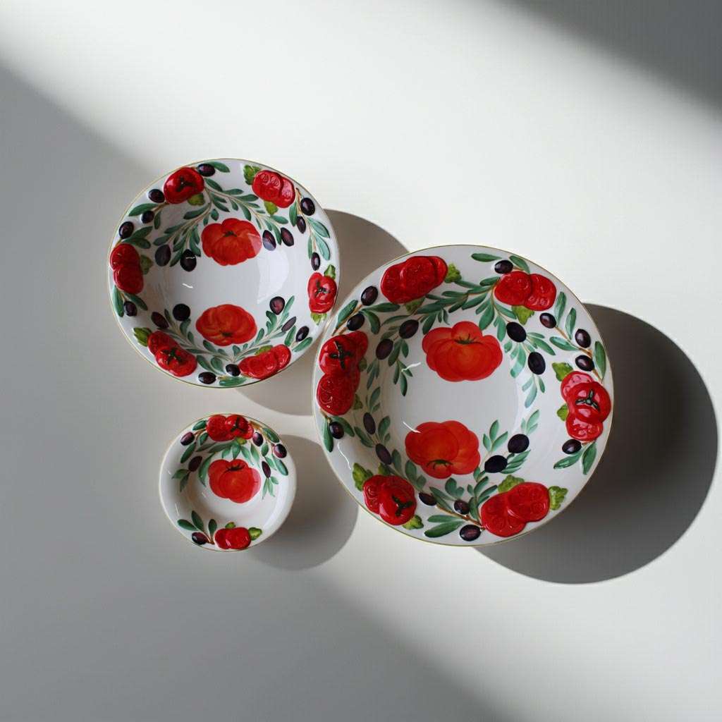 hand-Painted Ceramic Bowl and Dish with Tomato and Olive Design on a White Background
