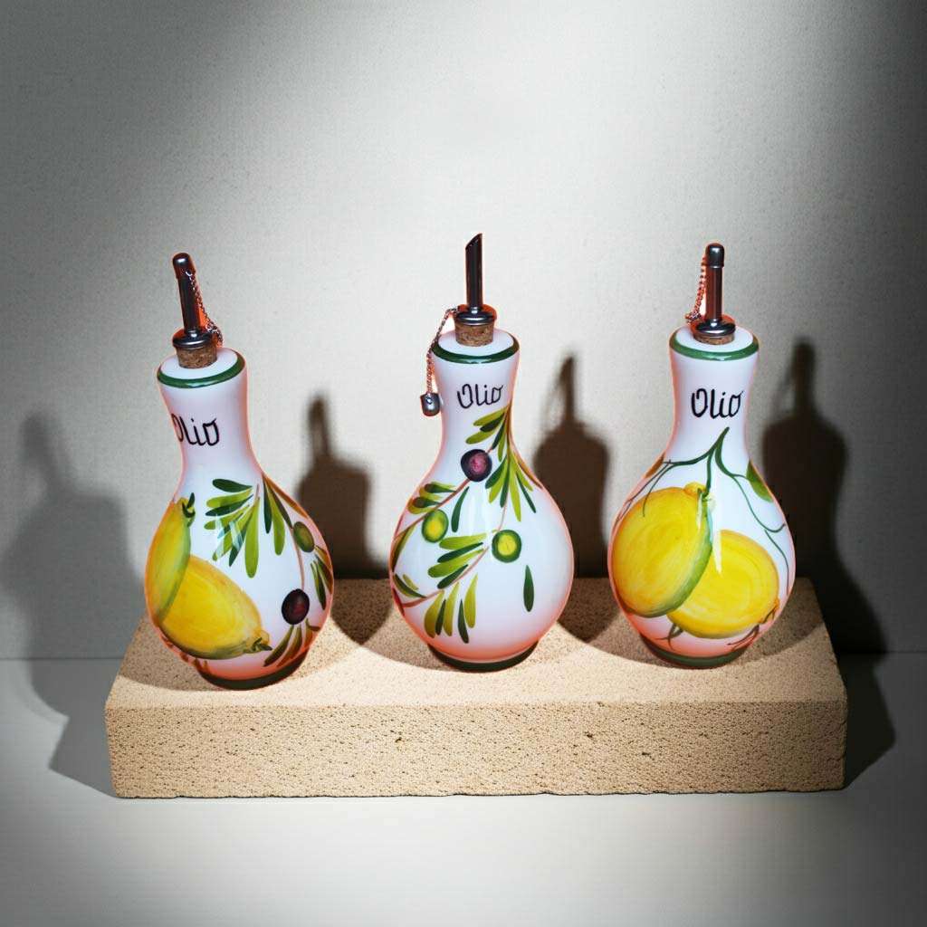 Ceramic Oil Bottle in Various Designs on a White Background