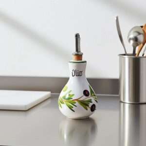Ceramic Oil Bottle Decorated with Lemon and Olive Motifs on White Background
