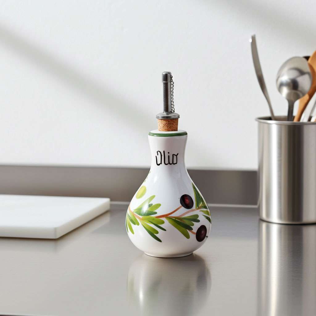 Ceramic Oil Bottle Decorated with Lemon and Olive Motifs on White Background