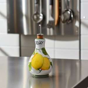 Ceramic Oil Bottle Decorated with Lemon and Olive Motifs on White Background