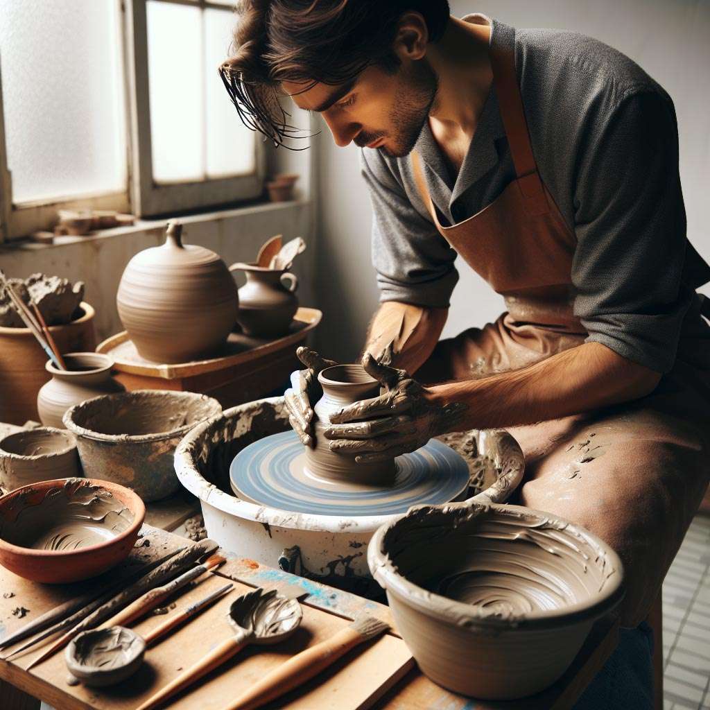 Potter at the wheel shaping a clay vase in the artisanal workshop of Arte in Ceramica Italiana, surrounded by tools and ceramic object