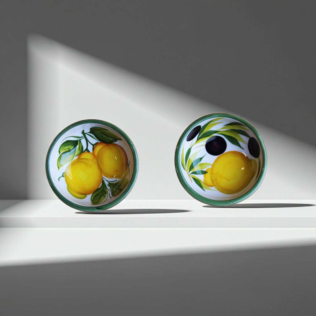 crudités bowl with lemon and olive design on a white background