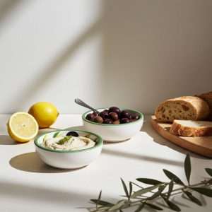 ciotola pinzimoni con decoro limone e oliva su sfondo bianco