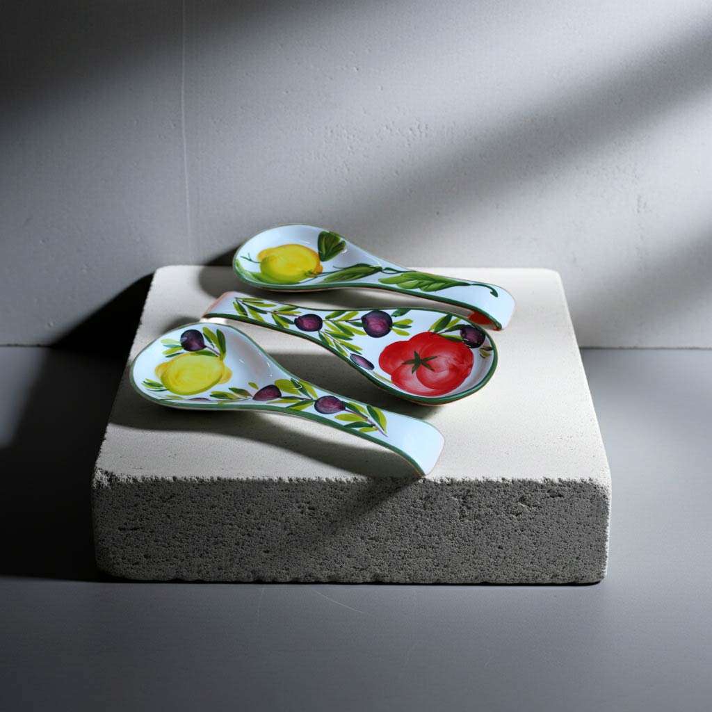 white ceramic spoon rest with various designs — lemon, olive, and tomato — on a white background