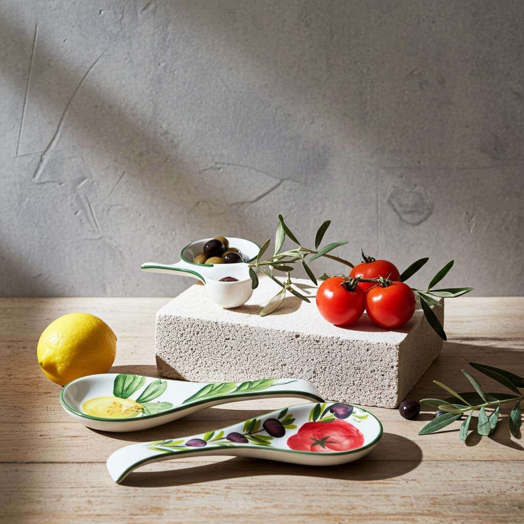 white ceramic spoon rest with various designs — lemon, olive, and tomato — on a white background