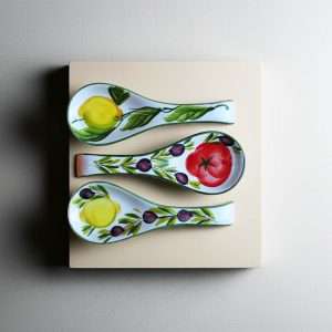 Top-down photo of a white ceramic spoon rest with various lemon, olive, and tomato designs on a white background