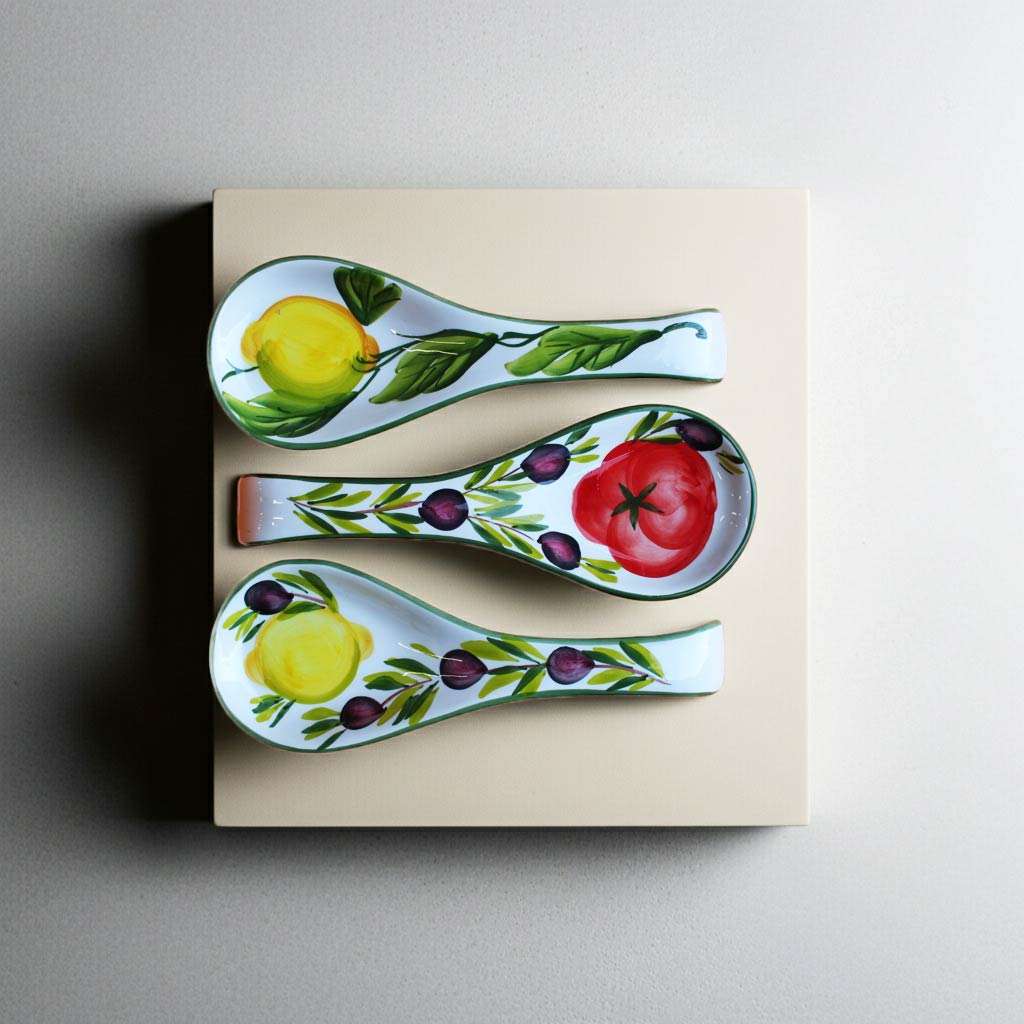 Top-down photo of a white ceramic spoon rest with various lemon, olive, and tomato designs on a white background
