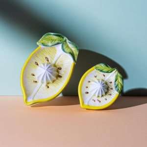Details of ceramic lemon squeezers in two sizes — oval and small — on a white background