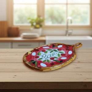 ceramic cutting board for pizza and bruschetta decorated with tomato and mozzarella