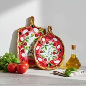 ceramic cutting board for pizza and bruschetta decorated with tomato and mozzarella