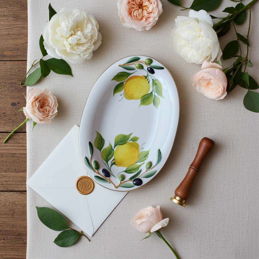 small appetizer tray with lemon and olive design on a white background