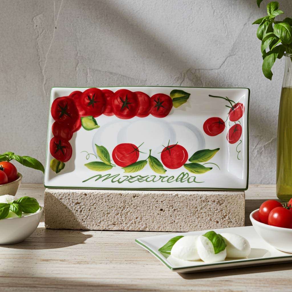 Small ceramic tray decorated in relief with tomatoes and mozzarella on a white background.