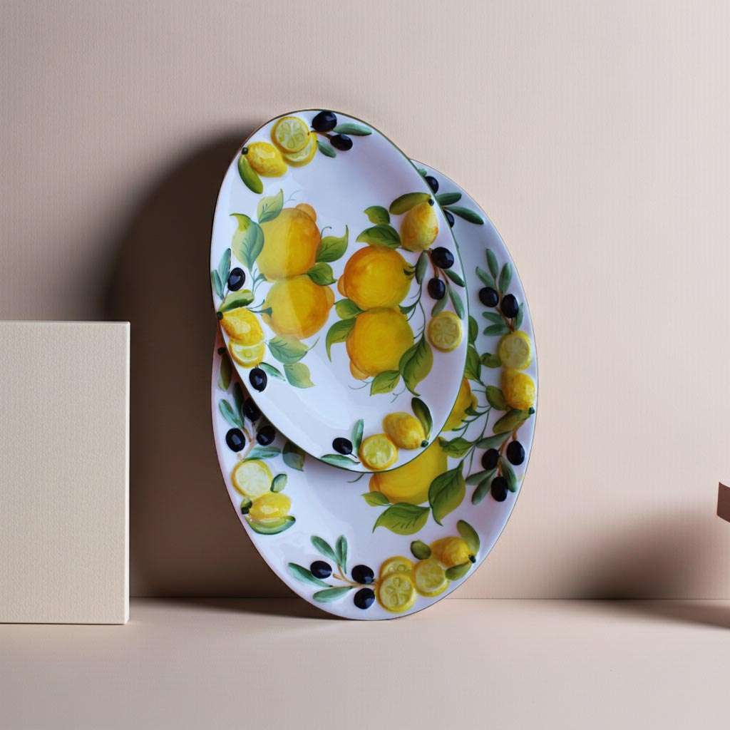 Decorated ceramic tray with lemon and olive motifs on a white background