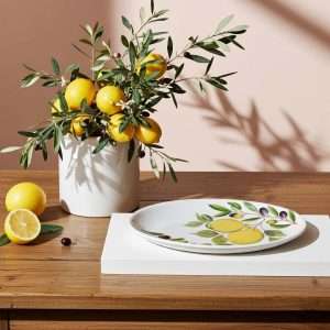 Details of Serving Tray with Lemon and Olive Design on White Background