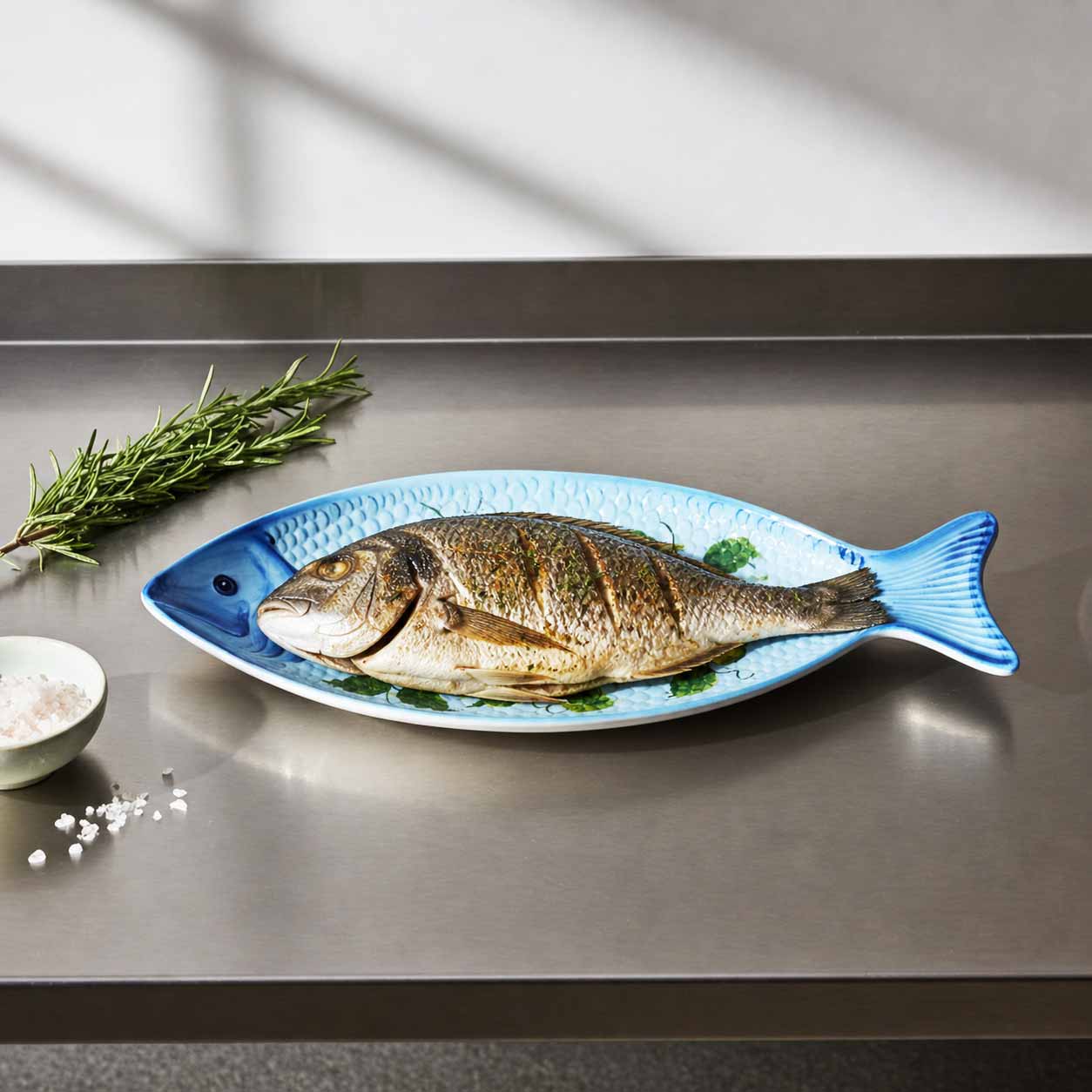 vassoio pesce per servire pietanze di mare in decoro limone su sfondo bianco e azzurro