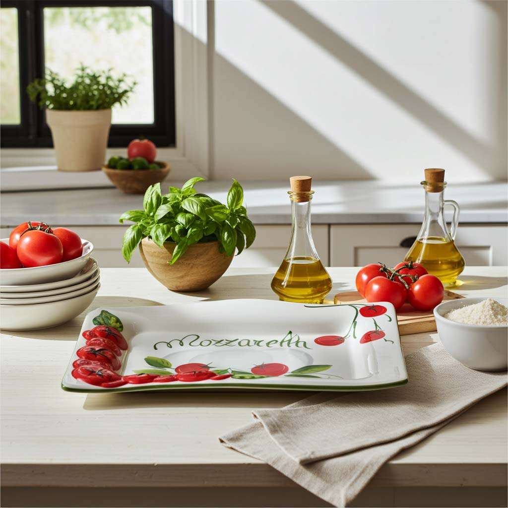 hand-painted tray with embossed tomato decorations and mozzarella details on a white background