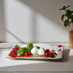 hand-painted tray with embossed tomato decorations and mozzarella details on a white background