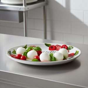 Italian handcrafted white tray decorated with tomato and mozzarella design on a white background