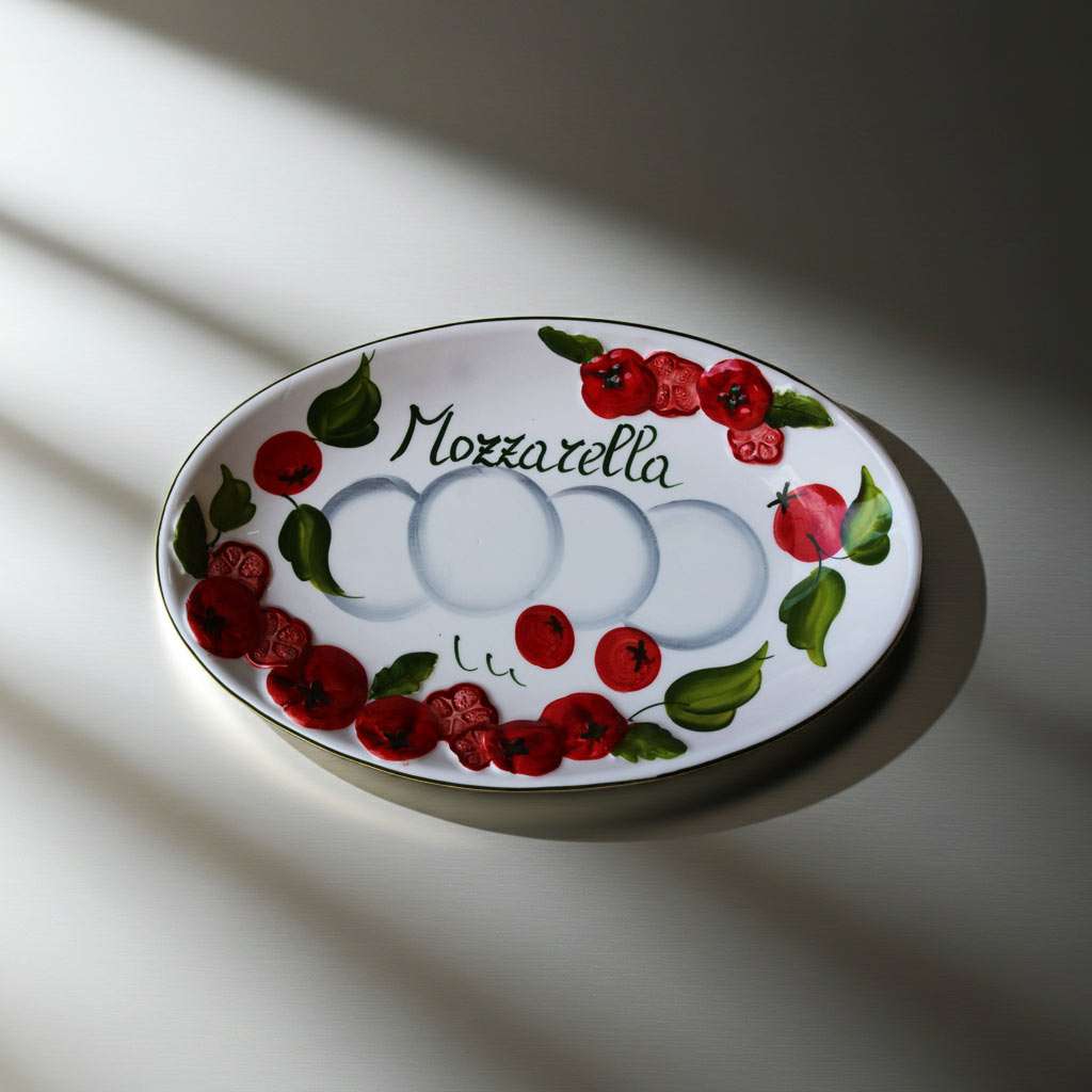 details of Italian handcrafted white tray decorated with tomato and mozzarella design on a white background
