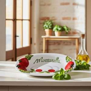 vassoio dipinto a mano con decoro pomodoro e mozzarella su sfondo bianco