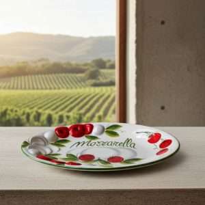 vassoio made in Italy in ceramica con rilievo, decorato a mano con pomodoro e mozzarella su sfondo bianco