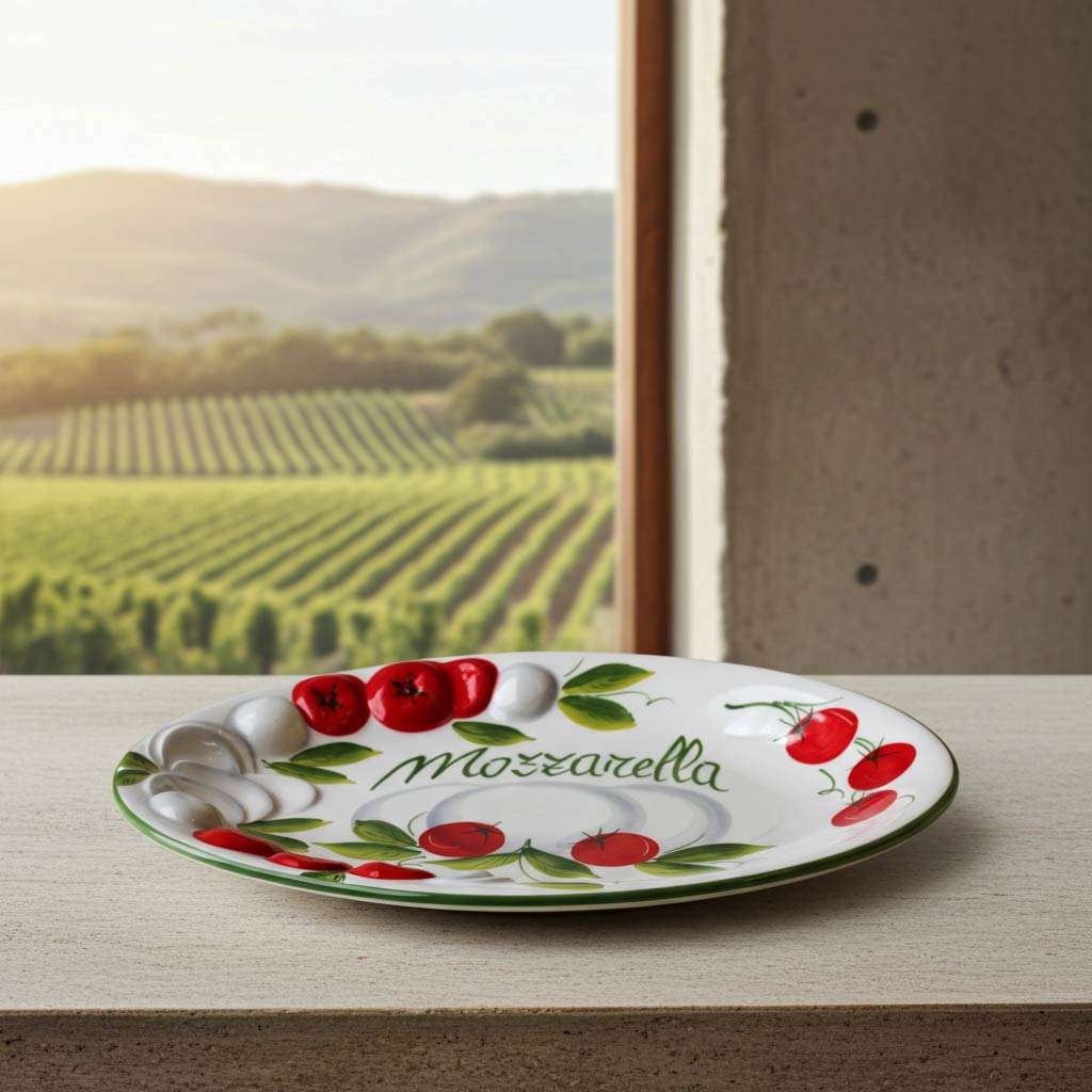 Made in Italy ceramic tray with embossed details, hand-painted with tomato and mozzarella design on a white background