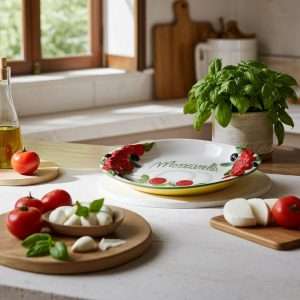 details of handcrafted ceramic tray with embossed tomato decorations and a central mozzarella design on a white background